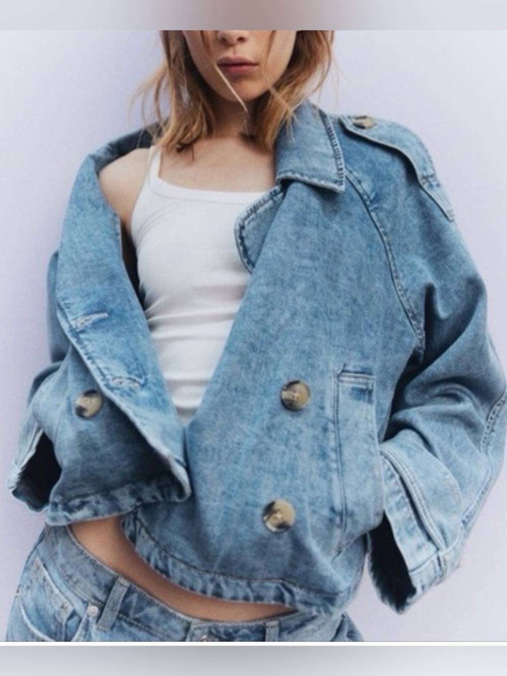 H&M NWT short twill peacoat denim blue Double Breasted size Medium
